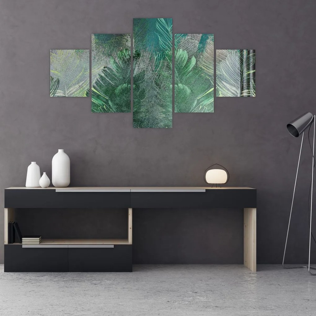 Obraz - Tekstura betonu z liśćmi (125x70 cm)