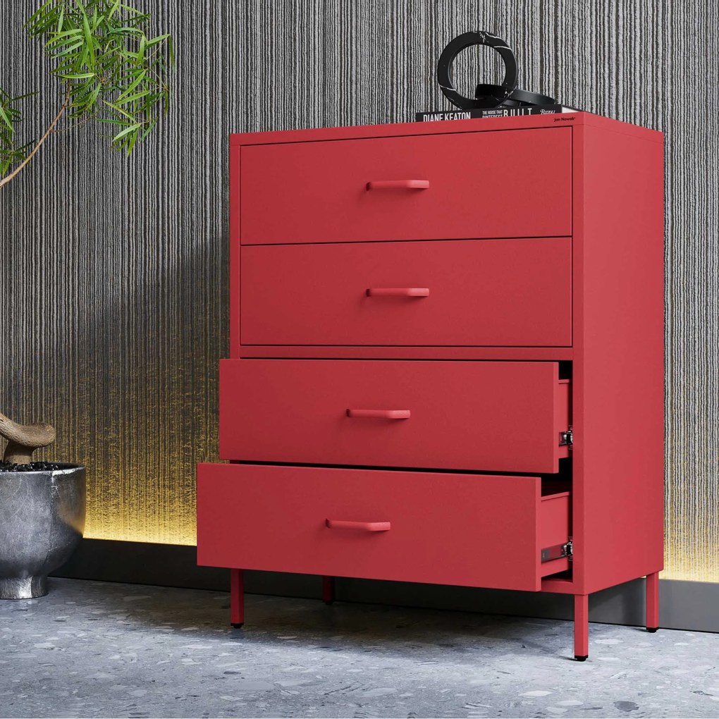 Komoda metalowa niska na nóżkach czerwona, 800x1015x400 mm: CARLA Modern