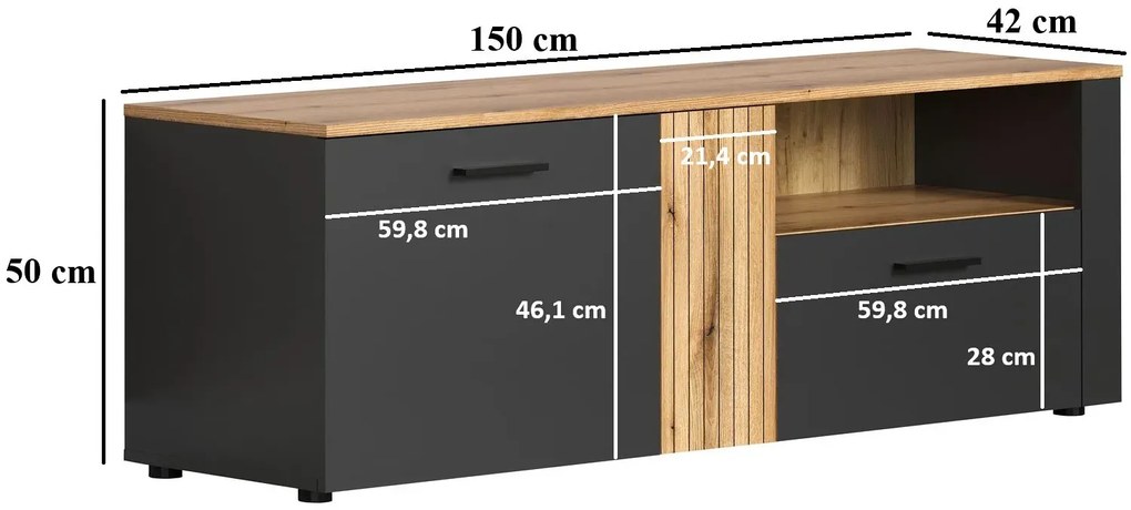 Szafka RTV z lamelami grafit + dąb evok K5-G65