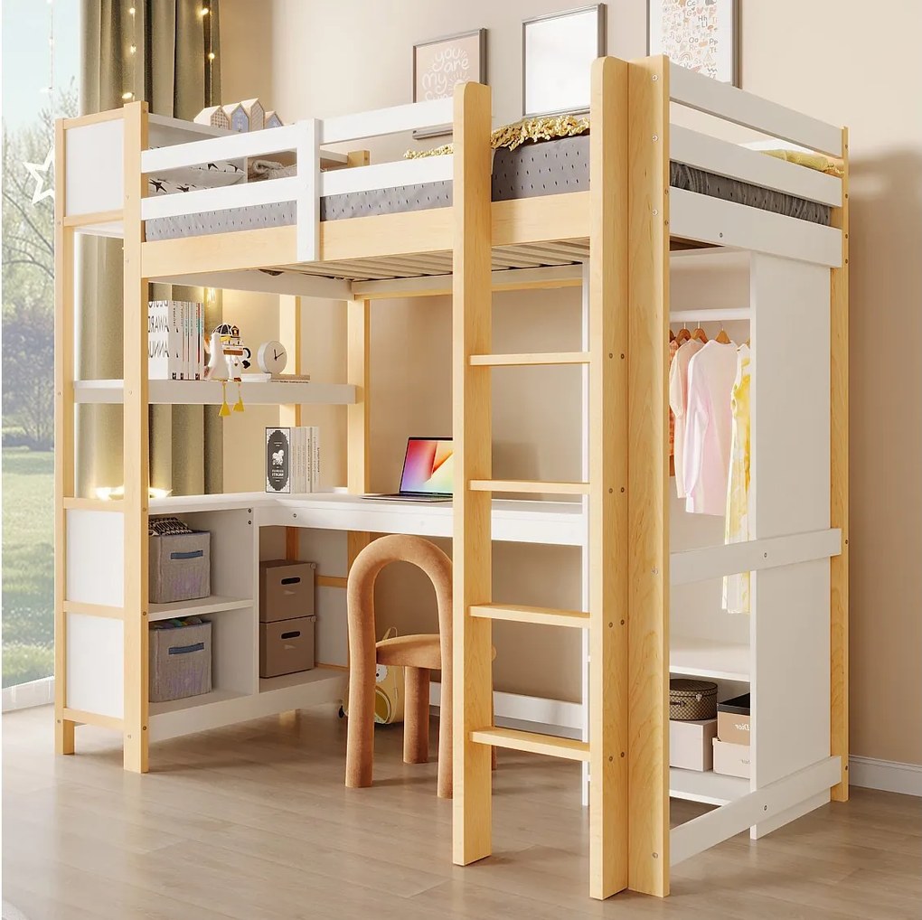 Łóżko piętrowe dla dzieci - 90 x 200 cm - z półkami + biurko + szafa - drewno - naturalne