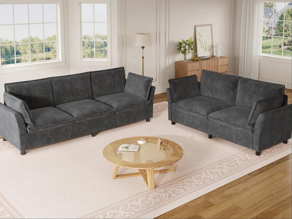 Modułowy zestaw sof 3+2 „efekt chmury” z tkaniny szenilowej, sofa 3-osobowa i sofa 2-osobowa ergonomiczna, styl nowoczesny - szary