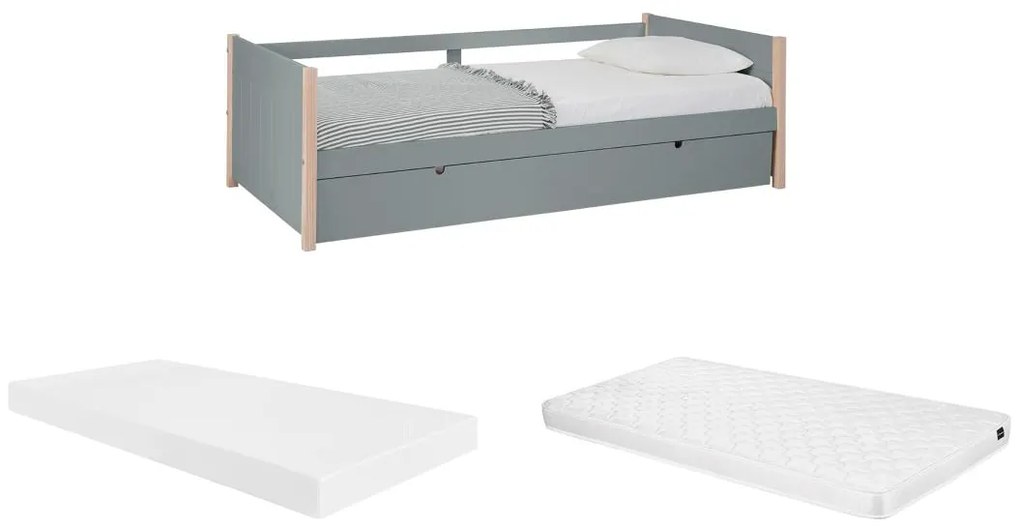 Łóżko wysuwane 2 x 90 x 190 - MDF, drewno sosnowe i metal - Zielony i naturalny + Materac - MAREKI
