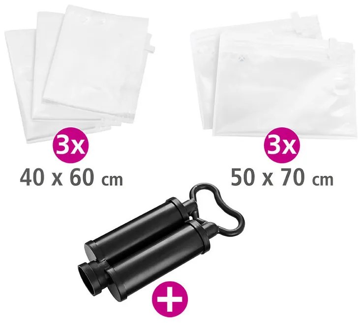 Worki próżniowe do przechowywania, zestaw plastikowych toreb + pompka - 40 x 60 cm (3 szt.), 50 x 70 cm (2 szt.), WENKO