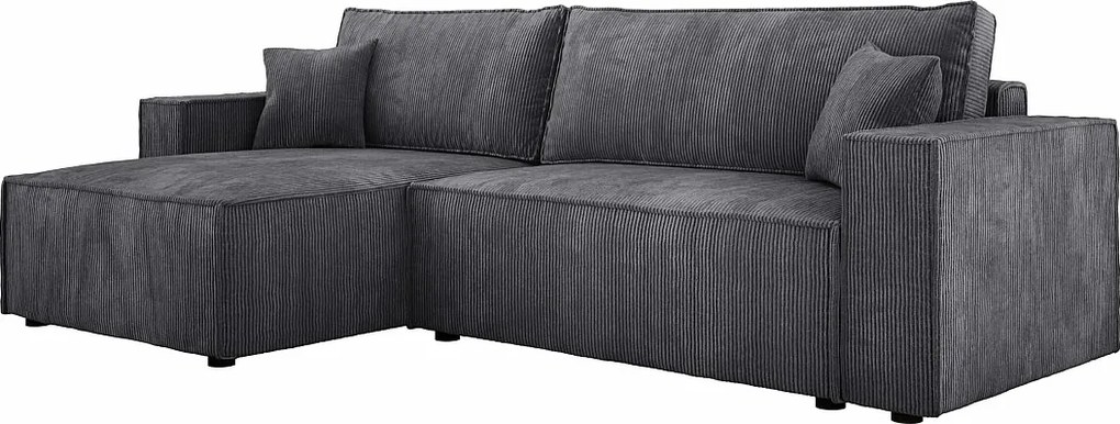 POSO XL Narożnik rozkładany ze skrzynią - przestronny, wytrzymała tkanina prążkowana, sprężyny faliste, szary, 274x143x83 cm