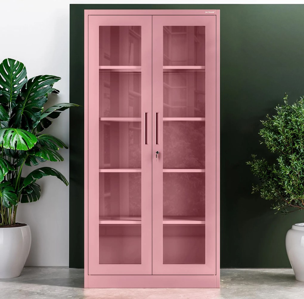 Witryna przeszklona metalowa wysoka z zamkiem pudrowy róż, 900x1850x400 mm: AMELIA Fresh Style