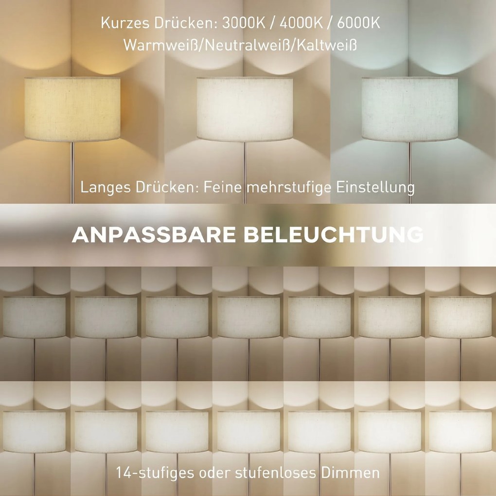 HOMCOM Lampa stojąca z pilotem, regulowana wysokość, klosz z tkaniny, metalowa podstawa, regulowana jasność, włącznik nożny, beżowy | Aosom PL