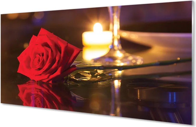 Szklany Panel Róża, Świeca i Kieliszek Wina