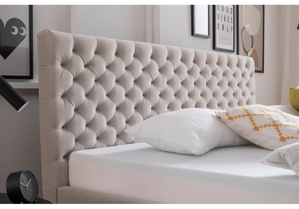 Beżowe tapicerowane łóżko dwuosobowe ze schowkiem i stelażem 180x200 cm La Maison – Meise Möbel