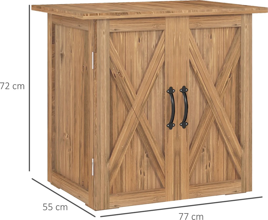 Outsunny Szafka na Narzędzia Ogrodowe z Podwójnymi Drzwiami, Zamknięcie Magnetyczne, Odporna na Warunki Pogodowe, Drewno Naturalne, 77S x 55G x 72W cm, Brązowy