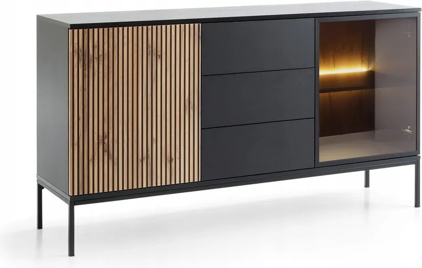 KOMODA SALON POKÓJ BIURO CZARNY/DĄB WOTAN 154x83x39 SENTA nowoczesne meble