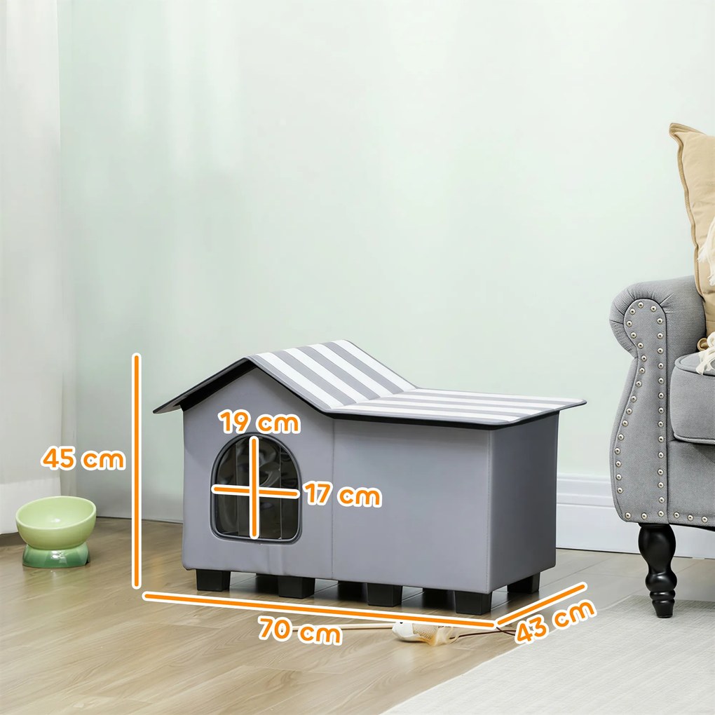 PawHut Domek dla kota wodoodporny budka z odpinanym dachem dwuspadowym izolacja termiczna platforma 70x43x45 cm materiał Oxford Szary | Aosom PL