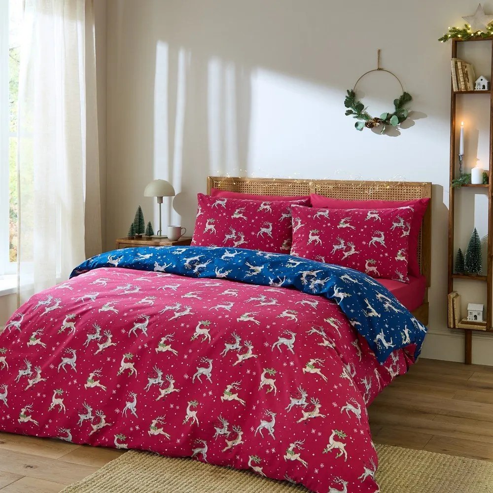 Czerwono-niebieska bawełniana pościel jednoosobowa 135x200 cm Christmas Reindeer – Their Nibs
