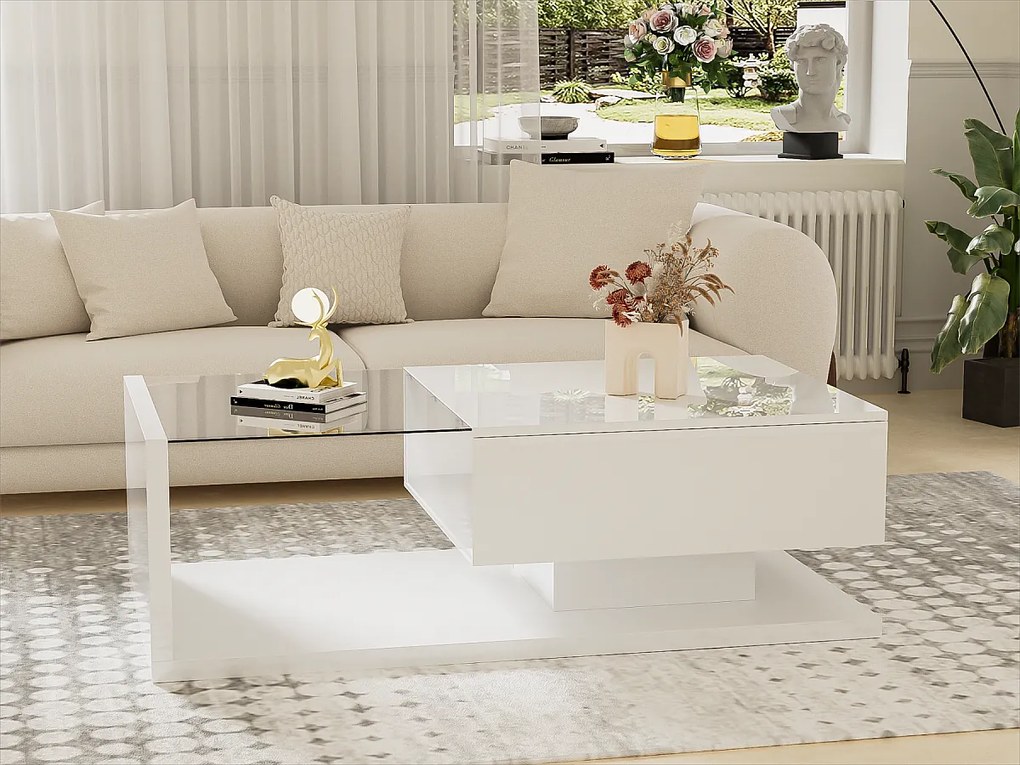 Stolik kawowy z LED - ze szkła i płyt wiórowych - Biały