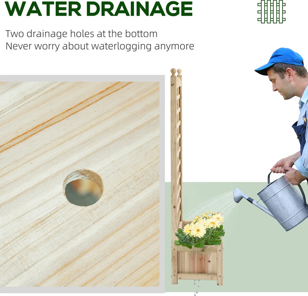 Outsunny Skrzynka Ogrodowa na Kwiaty z Kratką na Pnącza Drewniana Ławka Różana z Otworami Drenażowymi 64x28x120cm Naturalny Kolor | Aosom PL