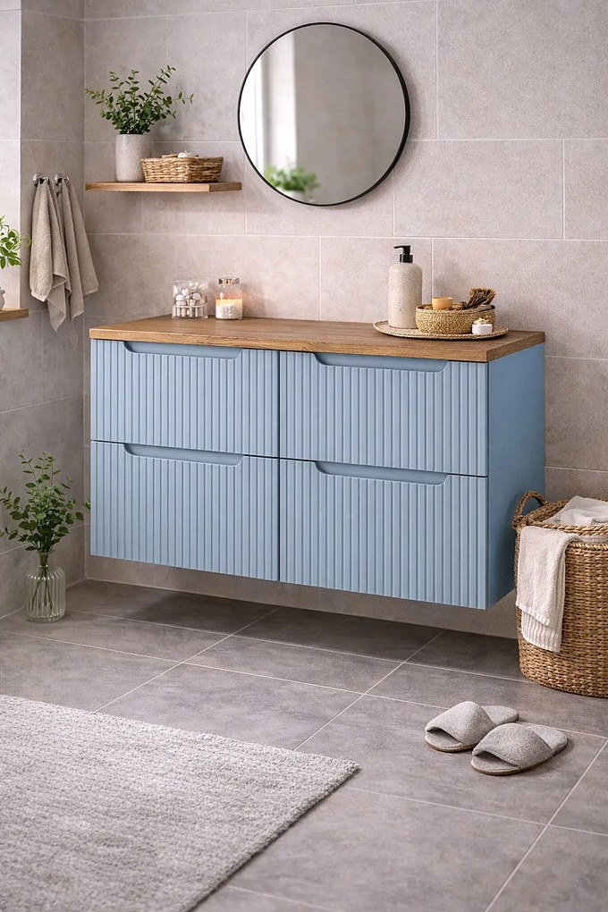 Niebieska długa szafka łazienkowa z szufladami C7-T65