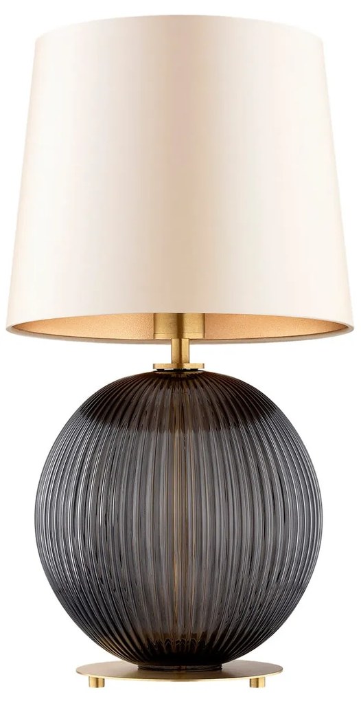 Lampa stołowa na stolik nocny, styl glamour Hamilton – szkło ryflowane grafitowe, abażur beżowy środek złoty