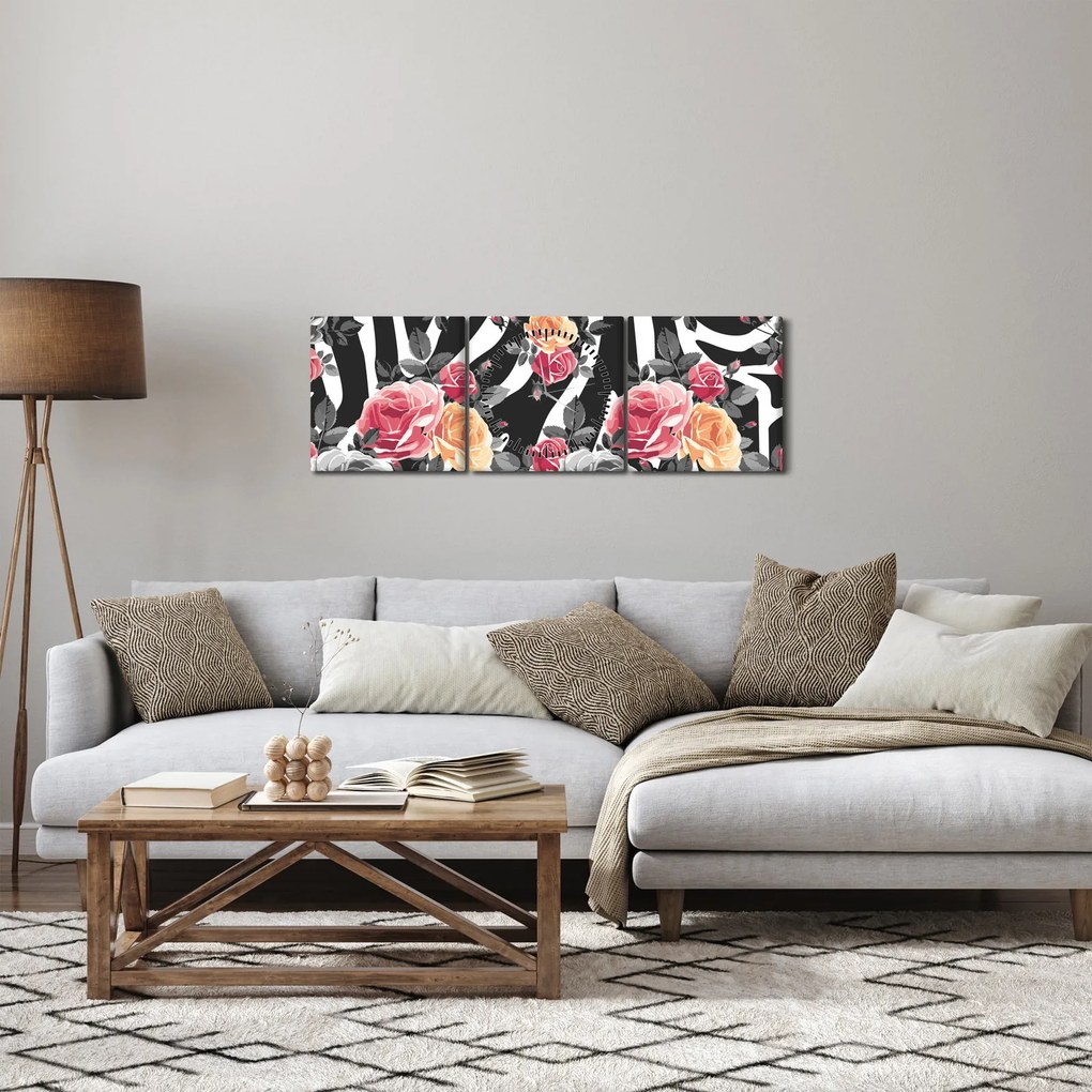 Obraz kwitnących róż (z zegarem) (90x30 cm)