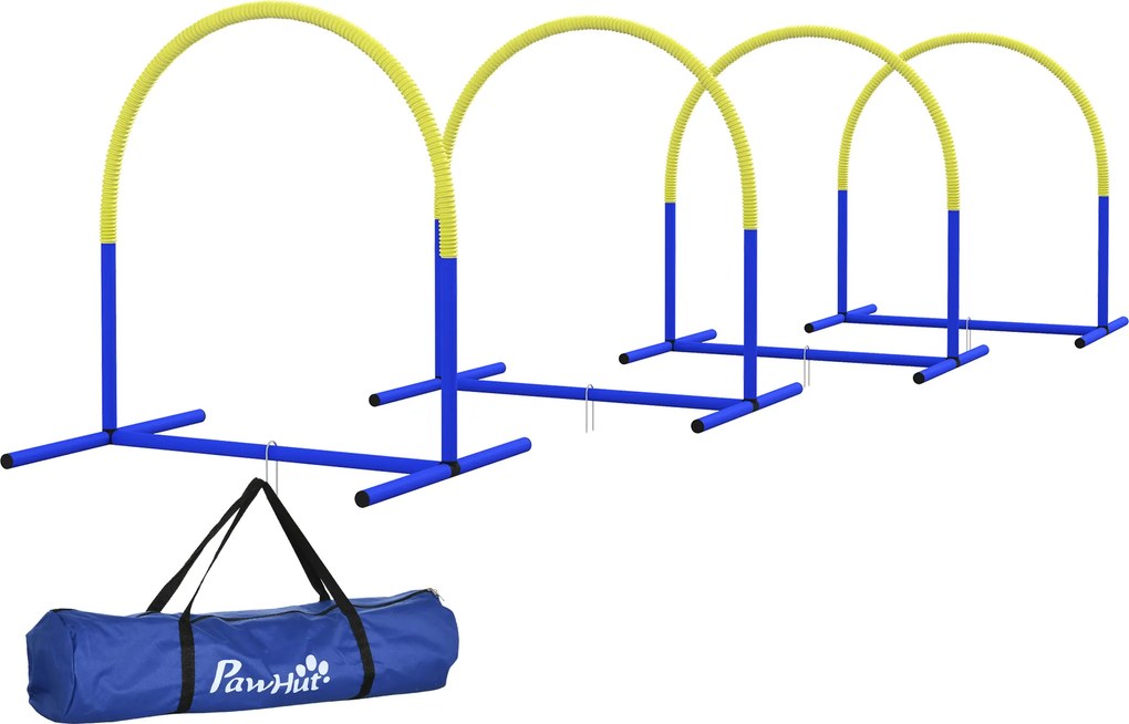 Zestaw Agility PawHut dla Psów, Trening dla Początkujących, 4 Łuki, z Torbą Transportową, Niebiesko-Żółty, 88 x 64 x 95 cm