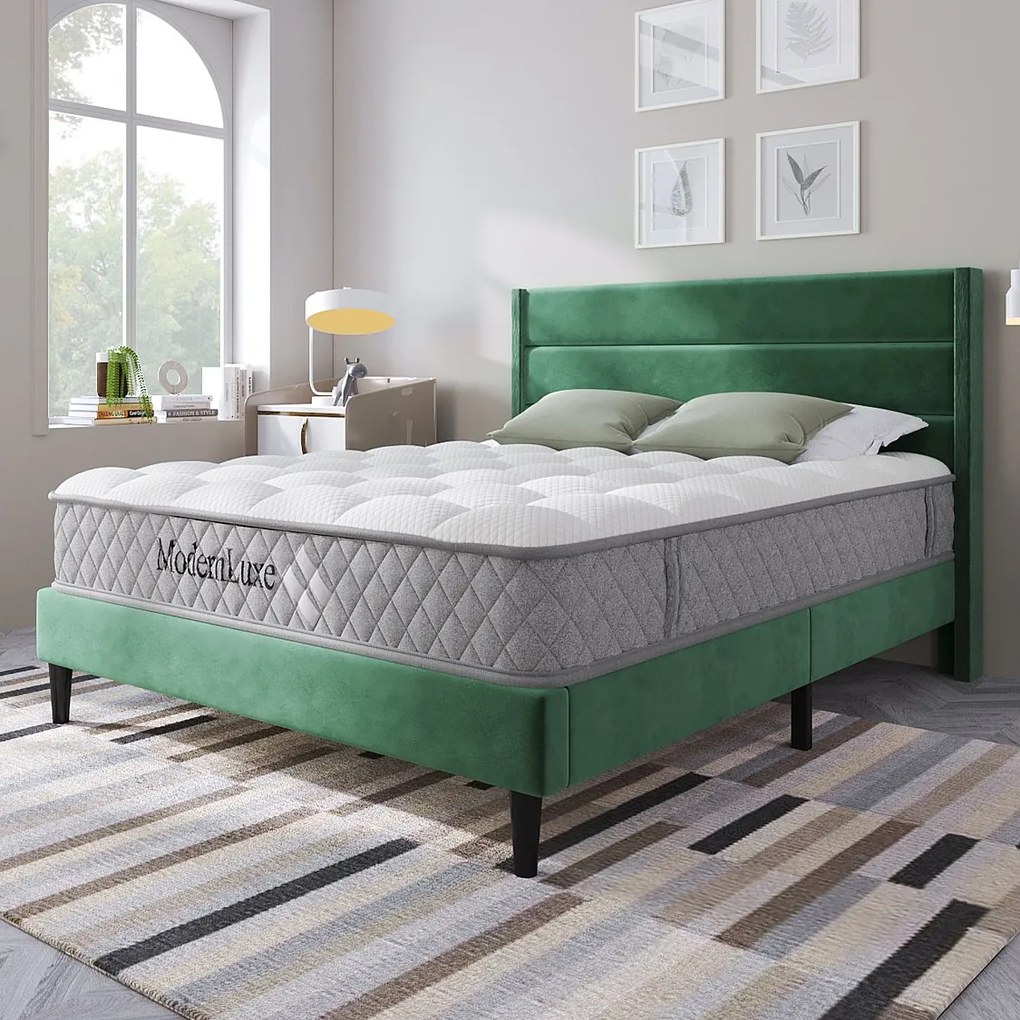 Łóżko tapicerowane dwuosobowe - 140 x 200 cm - z stelażem + zagłówek - len - kolor zielony (z materacem)