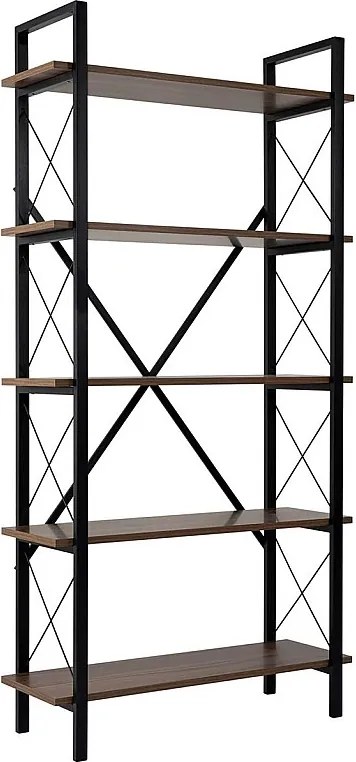 Elegancki regał na książki w kolorze orzecha włoskiego i czerni, 90 x 180 x 33,5 cm | Płyta wiórowa pokryta melaminą w 100%, metalowa rama |