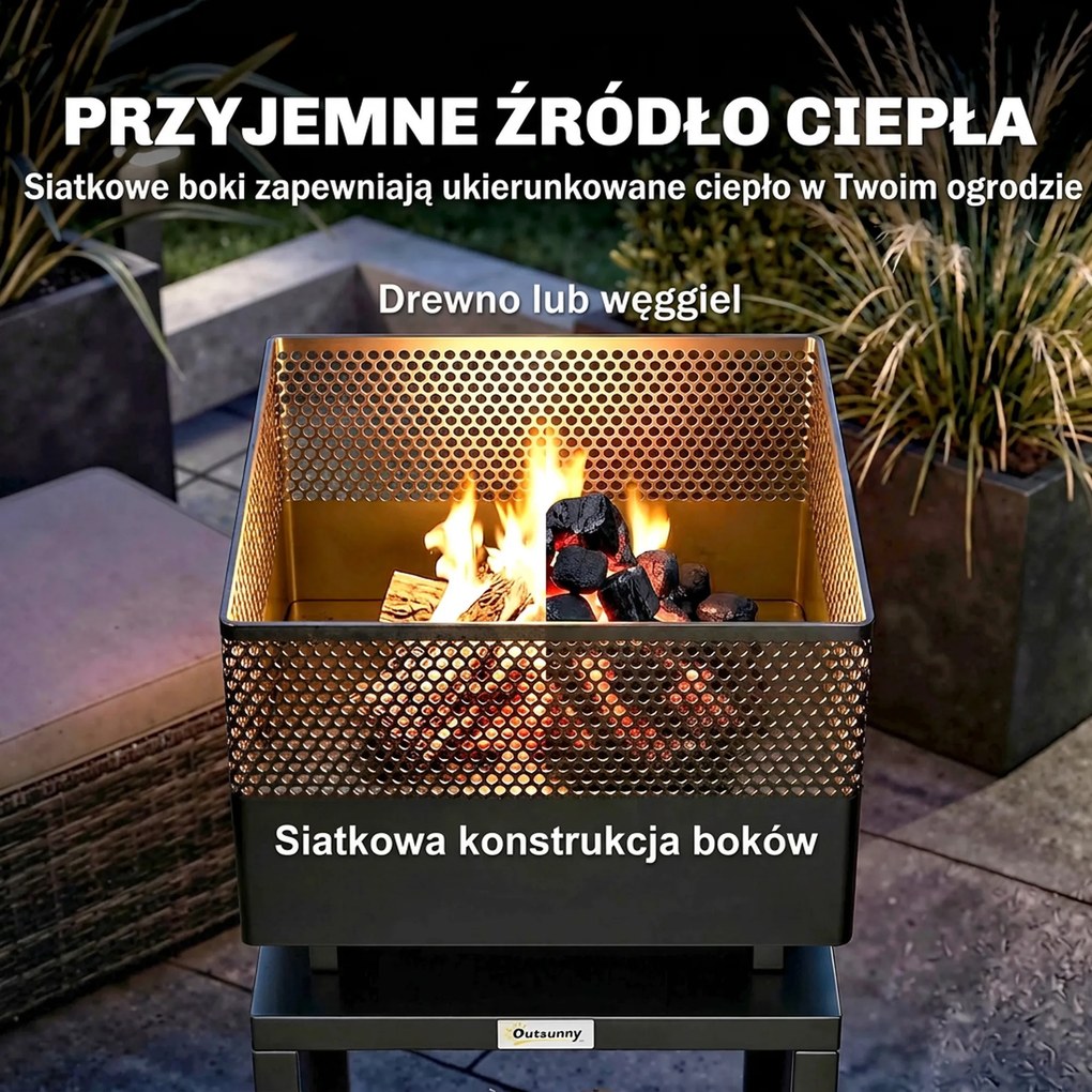Outsunny Palenisko 39 x 39 x 87 cm z miejscem na drewno, kratką na węgiel i regulowanymi nóżkami, czarne | Aosom PL