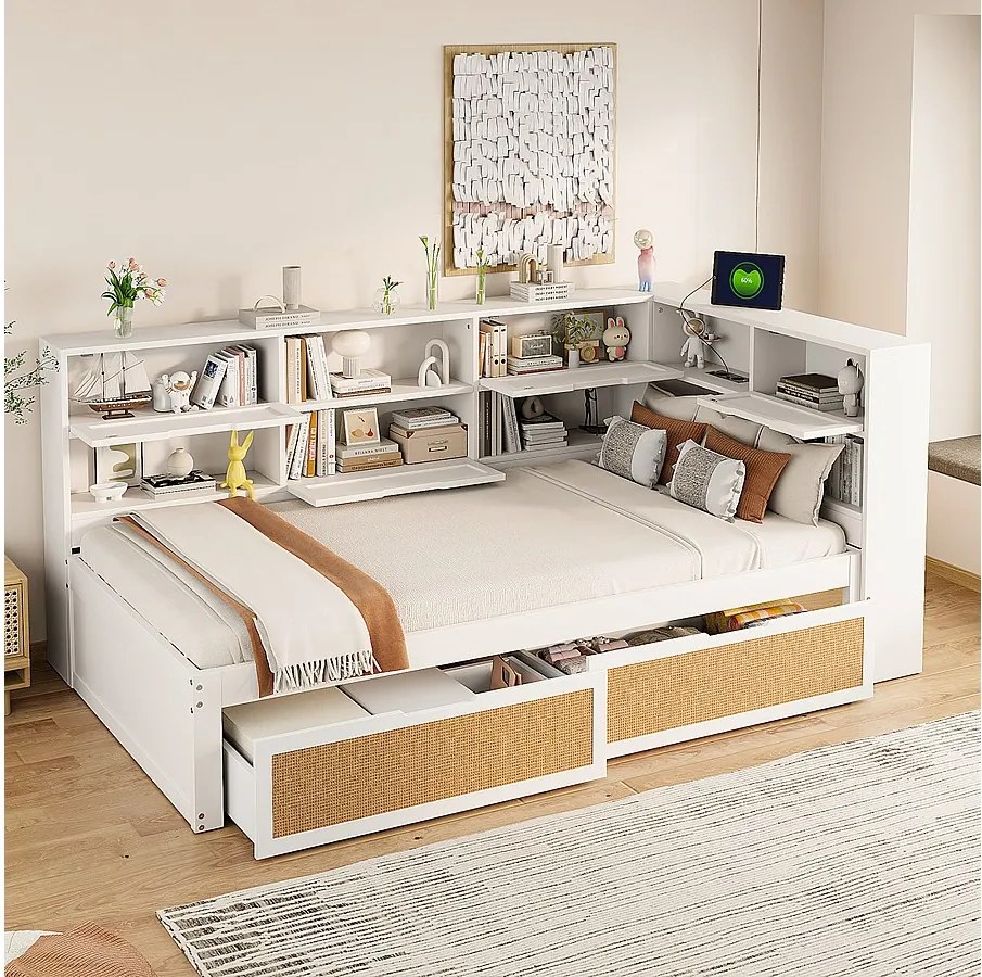 Łóżko dzienne 90x200 cm - Łóżko dziecięce ze schowkami i 2 szufladami - białe - materac nie jest wliczony w cenę