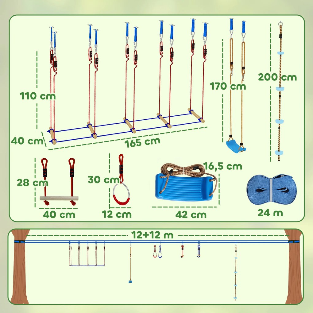 AIYAPLAY Ninja Line dla dzieci, zestaw 24 m Slackline z pierścieniami gimnastycznymi, 7 przeszkodami, mostem do balansowania, dla dzieci w wieku 3-6 lat, czerwony+niebieski | Aosom PL