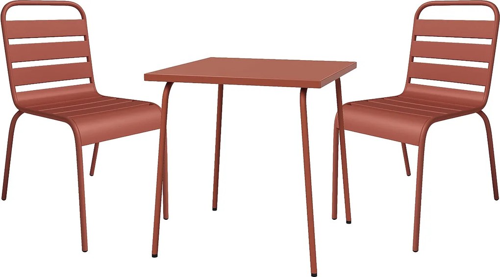 Zestaw mebli ogrodowych z metalu - stół szer. 70 cm i 2 krzesła sztaplowane - Terakota - MIRMANDE marki MYLIA