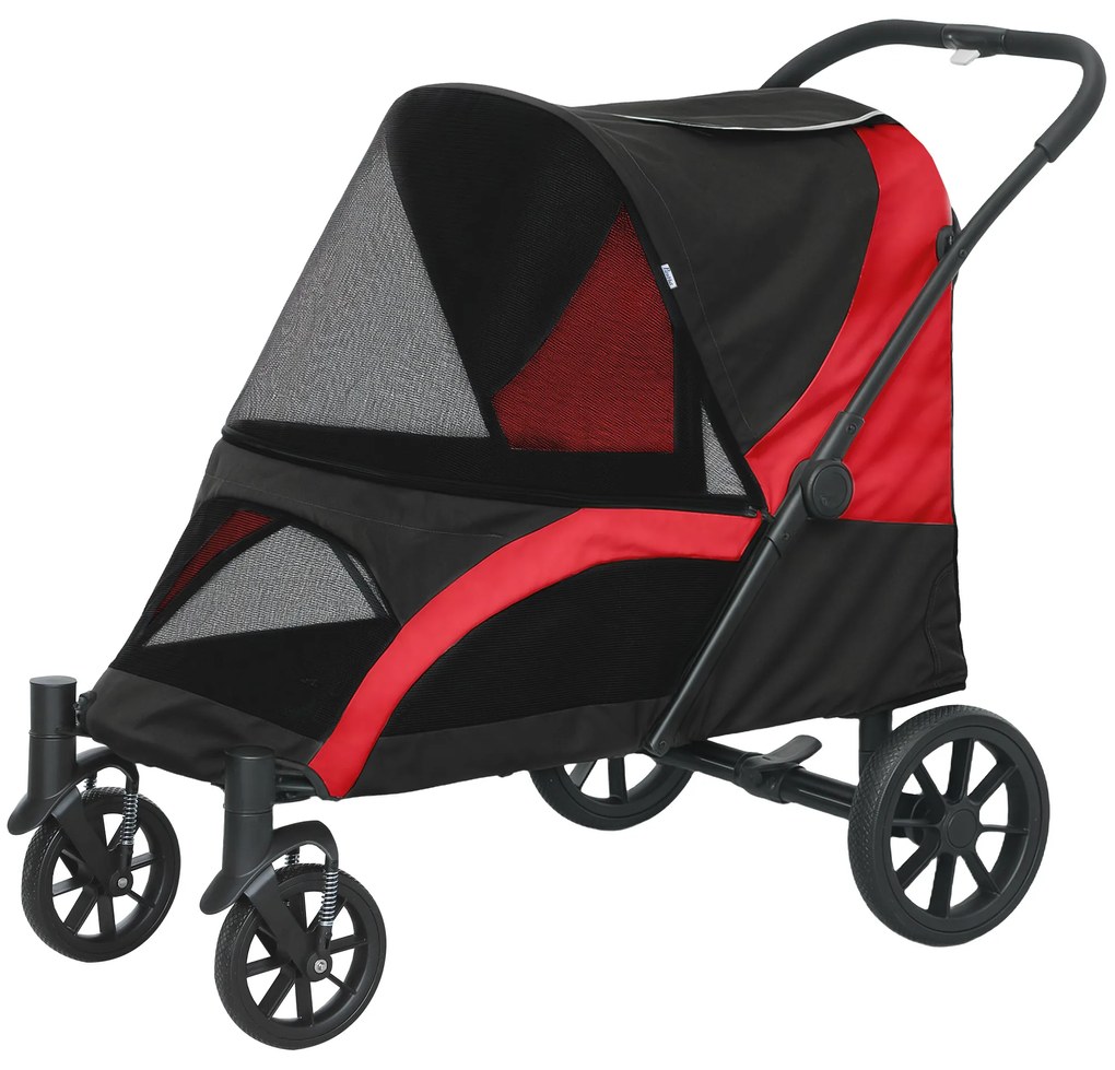 PawHut Składany Wózek dla Dużych Psów, Buggy dla Zwierząt z 4 Kołami, Smycze Bezpieczeństwa, Hamulce, Czarny