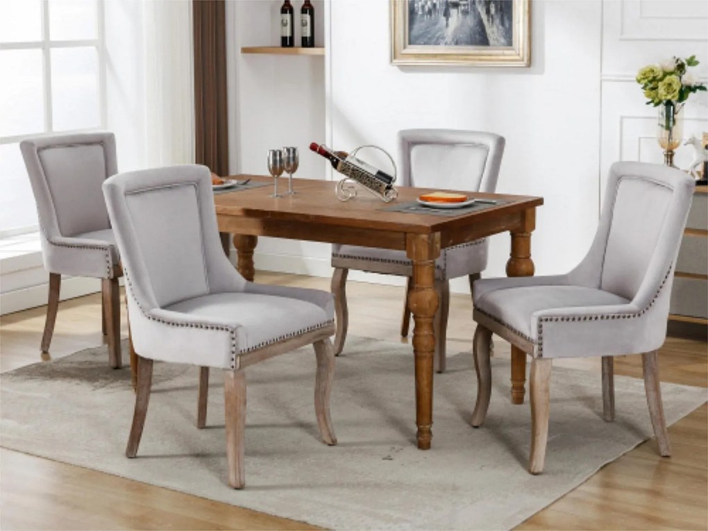 Zestaw 4 aksamitnych krzeseł - z nogami z litego drewna - szary