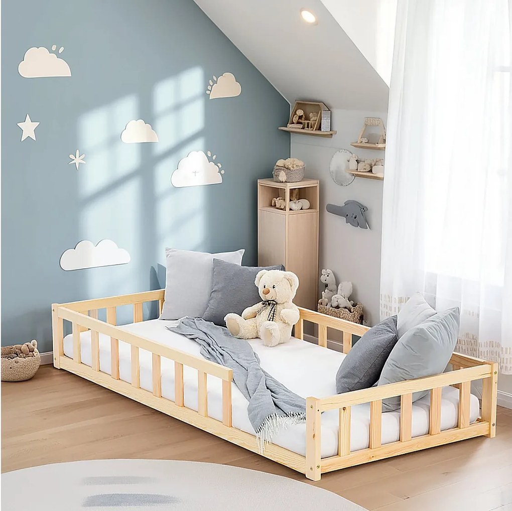 Łóżko podłogowe dla malucha 90x200 cm Naturalne łóżko Montessori z barierkami
