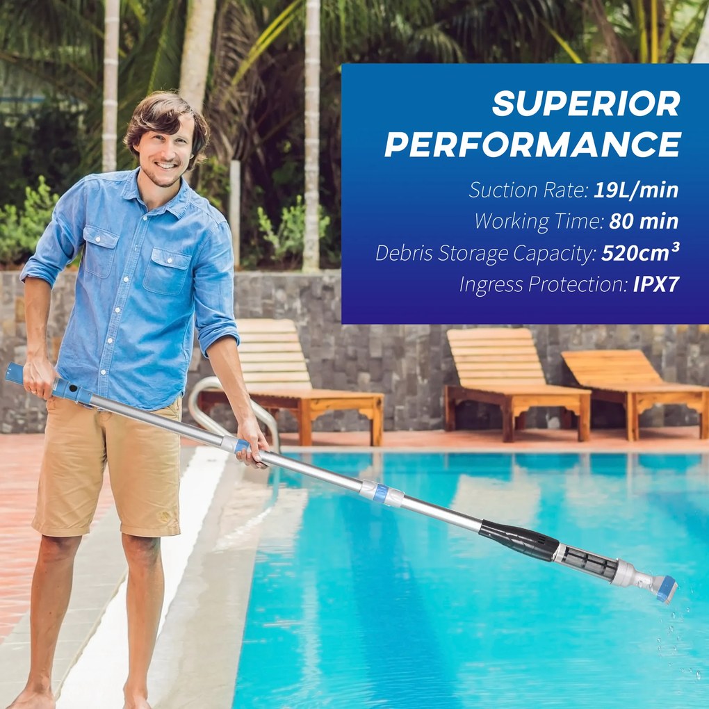 Outsunny Odkurzacz Basenowy Bezprzewodowy - 80min Pracy, 800g, 19L Wody/min, Alu, Ø6x106-162cm - Wydajne Czyszczenie