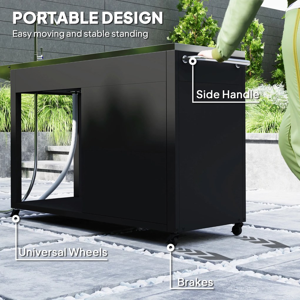Outsunny Wózek Grillowy z Blatem Roboczym, Składaną Półką, Szafką, Zlewem i Kołami, Stal 162,5x47x87cm Czarny