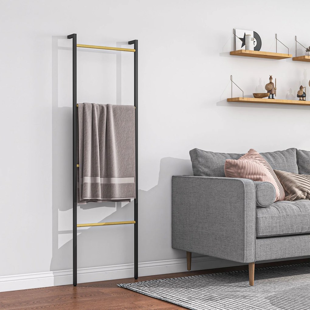 HOMCOM Stojak na ręczniki, wolnostojący, 4 szczeble, 49x5,5x167,5 cm, Czarny/Natur