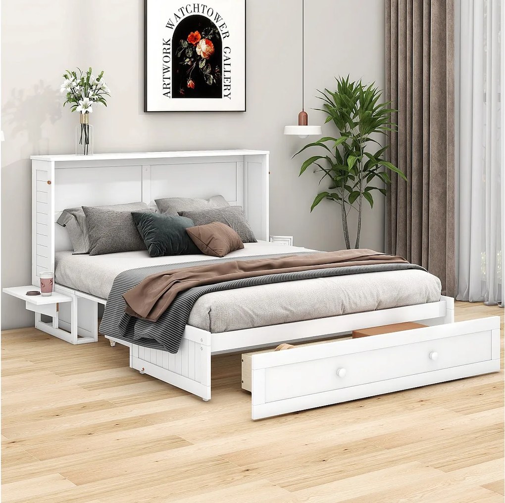 Łóżko dla dorosłych 140 x 200 cm – z szufladą i półkami – białe – bez materaca