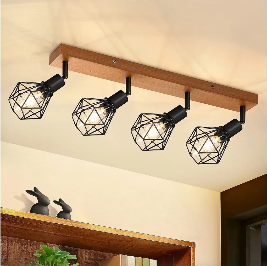 NETTLIFE 4 czarne reflektory sufitowe E14 vintage drewno metal, lampa sufitowa z regulacją 350° do wnętrz sypialnia salon jadalnia kuchnia maks. 25W