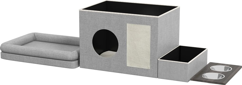 PawHut Domek dla kota, Miejsce na jedzenie z 2 miskami ze stali nierdzewnej, Drapak, miękka poduszka do leżenia, 78 x 48 x 49,5 cm, szary