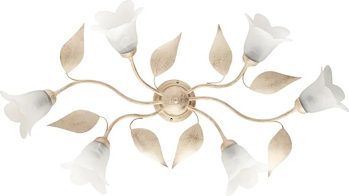 Olga – lampa sufitowa z lakierowanego żelaza w kolorze kości słoniowej, dekor stare złoto, klosze alabastrowe Ø14 cm, elegancki styl, 6 świateł