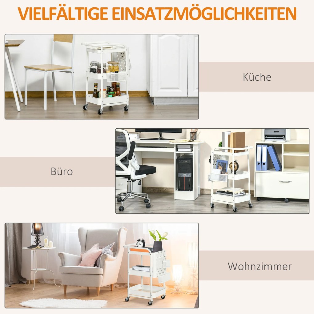 HOMCOM Wózek 3-poziomowy Wózek do serwowania Wózek do przechowywania Półka kuchenna z kółkami Biały