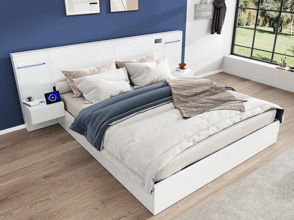 Łóżko dwuosobowe z drewna 160x200 cm - z 2 stolikami nocnymi - z portem ładowania USB, głośnikiem Bluetooth i zegarem cyfrowym - Białe