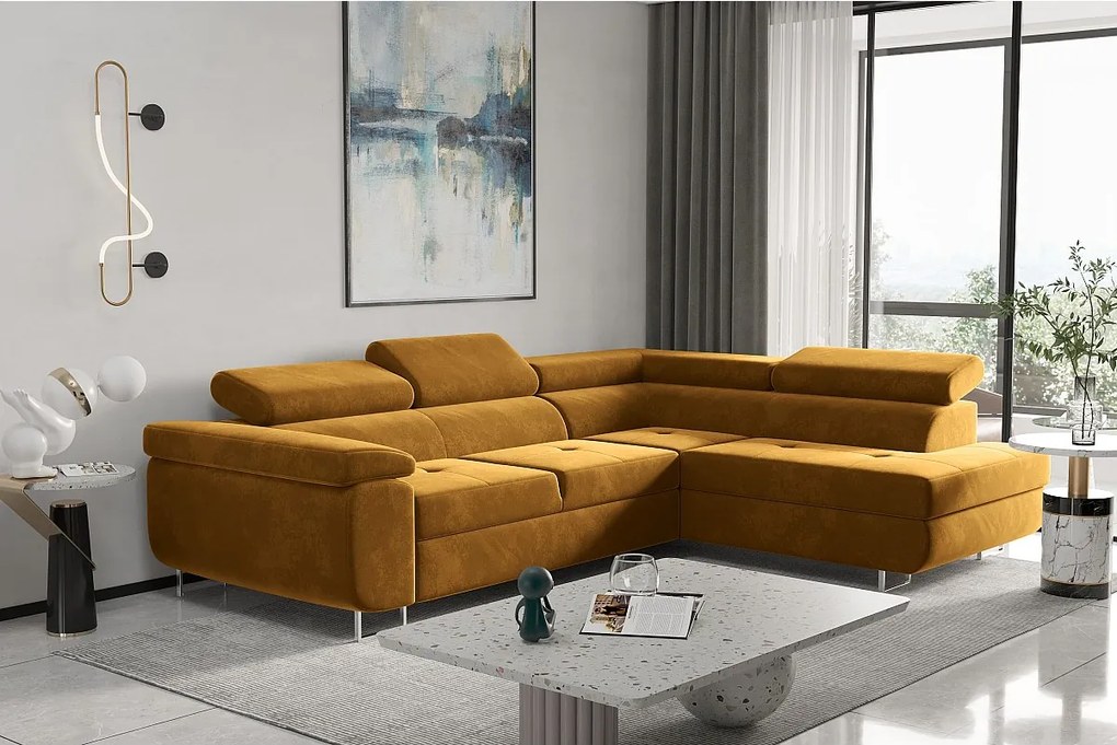 Narożnik z funkcją spania w kształcie L ATOM, tkanina Monolith, Musztardowy, Prawy