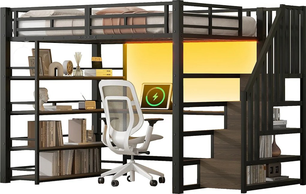 Łóżko piętrowe metalowe - 140 x 200 cm - z drabinką + biurko + półka + USB + diody LED - MDF + metal - czarne