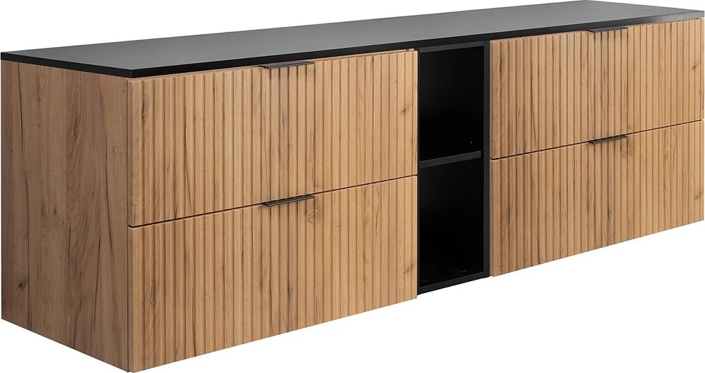 Szafka łazienkowa ryflowana FLOW 180 cm dąb z czarnym regałem i blatem