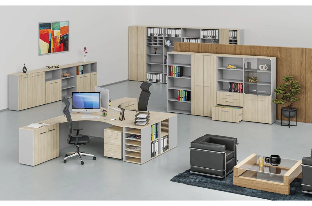 Szafa biurowa kombinowana PRIMO GRAY, drzwi na 3 poziomach, 800 x 420 x 1434 mm, szary/dąb naturalny