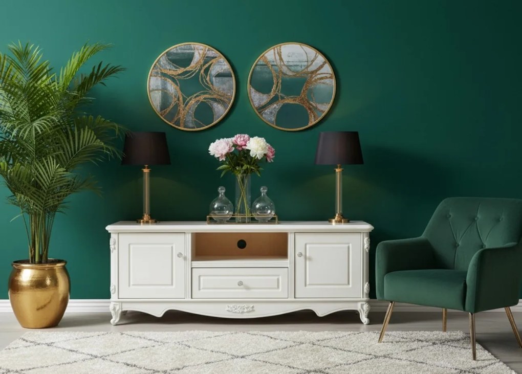 Stylowa szafka pod telewizor Anastasia, w kolorze ecru, wymiary 160x60 cm. Szafka rtv ma cokół z motywem róży, ornamentowe gałki. Francuski styl, kolekcja La Perle.