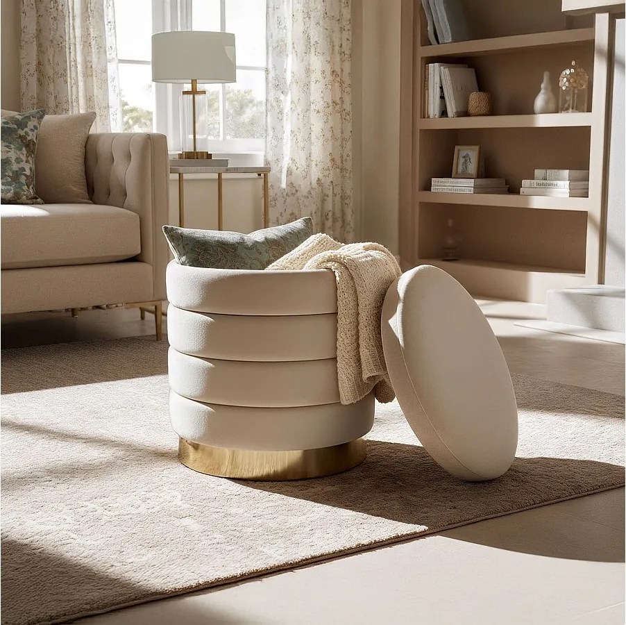 Pufa otwierana ze schowkiem welurowa 40 cm LUNA Kremowa