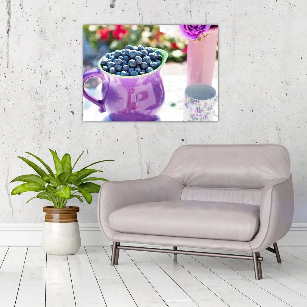 Obraz na szkle - jagody w filiżance (70x50 cm)