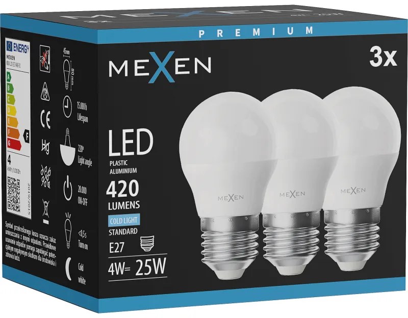 Mexen Nova 3x żarówka LED E27, G45, 4W, Zimna - 6500K, 420 lm - L101-E27-0465-01x03