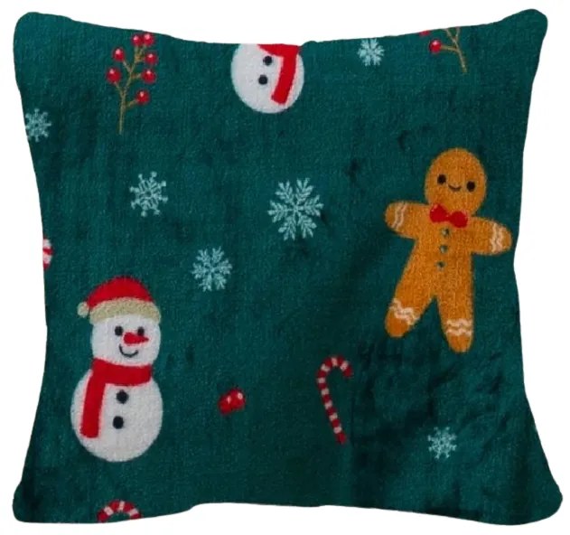 Poszewka z mikropluszu na poduszkę SNOWMAN AND GINGERBREAD 45x45 cm, zielona