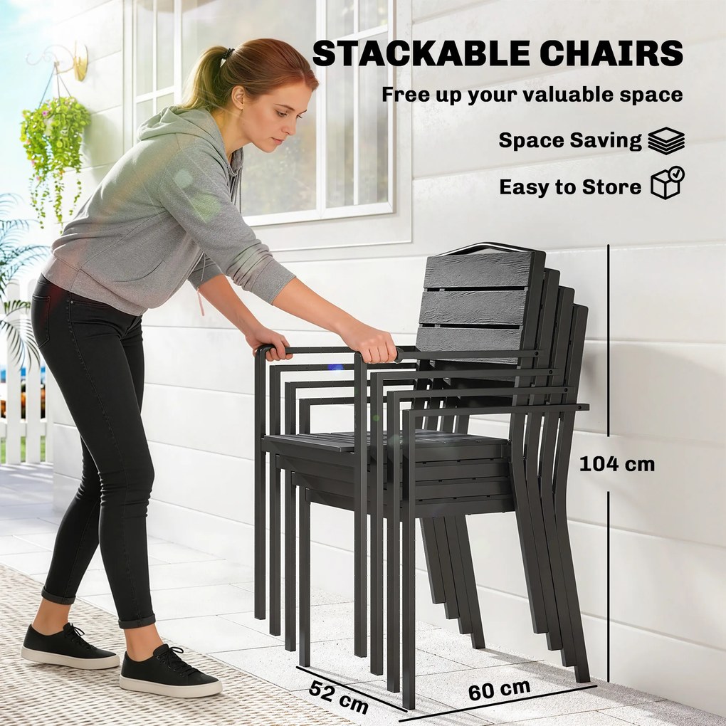 Outsunny Krzesła ogrodowe 4 szt. Sztaplowane krzesła tarasowe z lamelowym designem i podłokietnikami 52 x 51 x 90 cm Czarny | Aosom PL